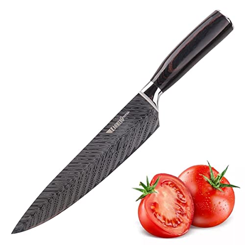 HaoMing Kitchen Knife 8 Inch Damascus Pattern Chef’s Knife High Carbon Stainless Steel Sharp Paring Knife with Ergonomic Color Wood Handle