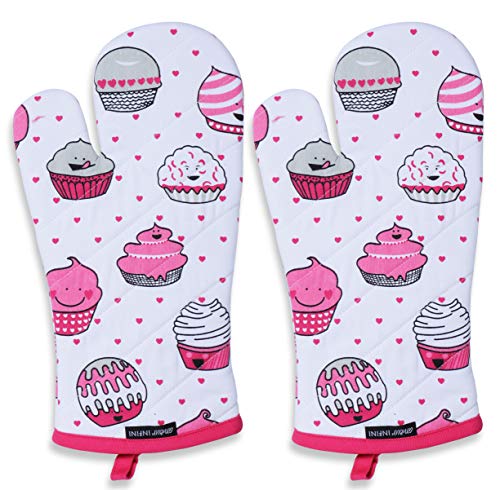 AMOUR INFINI Oven Mitts, Valentine Cup Cakes Design, Oven Mitts Heat Resistant, Made of 100% Cotton, Eco-Friendly & Safe, Set of 2, Size 7 x 13 Inches, Machine Washable, Kitchen Oven Mitts