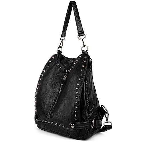 UTO Women Backpack Purse PU Washed Leather Rivet Studded Convertible Ladies Rucksack Shoulder Bag Black