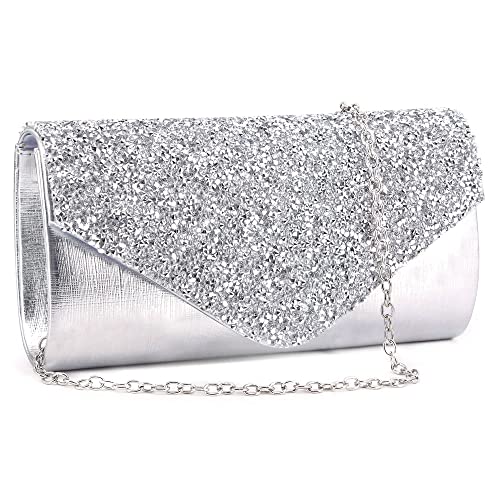 Gabrine Womens Evening Bag Handbag Clutch Purse Rhinestone-Studded Flap for Wedding Party Prom(Silver)
