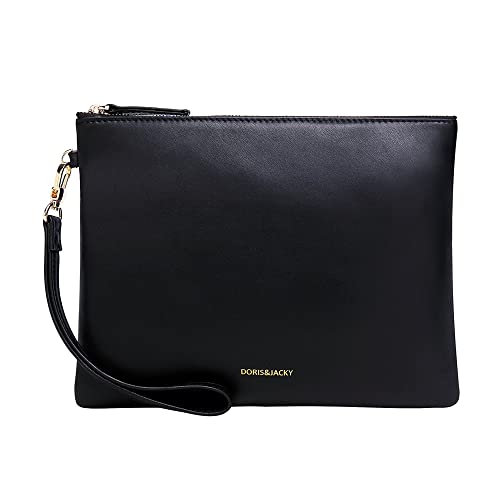 DORIS&JACKY Lambskin Leather Wristlet Clutch Purse For Women Large Soft Designer Wallet With Strap(Black)…