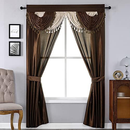 Regal Home Collections Amore Curtains 5-Piece Window Curtain Set – 54-Inch W x 84-Inch L Panels with Attached Valance and 2 Tiebacks – Bedroom Curtains and Living Room Curtains (Brown)