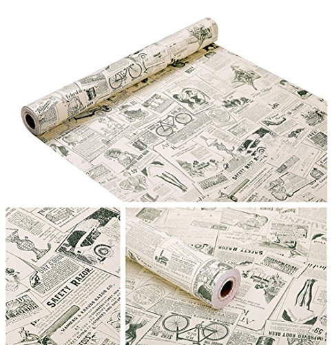 Vintage Newspaper Vinyl Contact Paper Wallpaper Self Adhesive Cabinet Shelf Drawer Liner for Kitchen Bathroom Backsplash Countertop Cupboard Table Desk Wall Decor (17.7 x 117 Inches,Smooth)