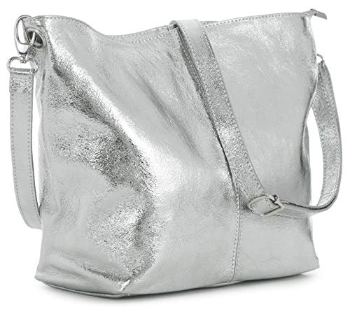 LiaTalia Women’s Medium Hobo Shoulder Bag Genuine 100% Italian Leather Stylish & Elegant Design – ADAL [Metallic – Silver]
