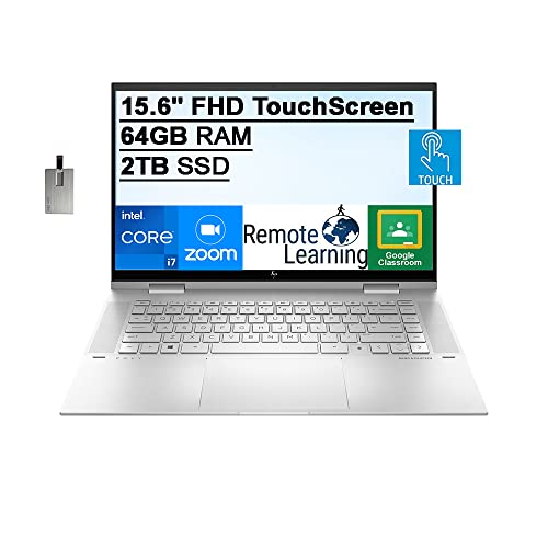 2021 HP Envy 2-in-1 15.6″ FHD Touchscreen Laptop Computer, 11th Gen Intel Core i7-1195G7, 64GB RAM, 2TB PCIe SSD, Backlit Keyboard, Intel Iris Xe Graphics, HD Webcam, Win 11, Silver, 32GB USB Card
