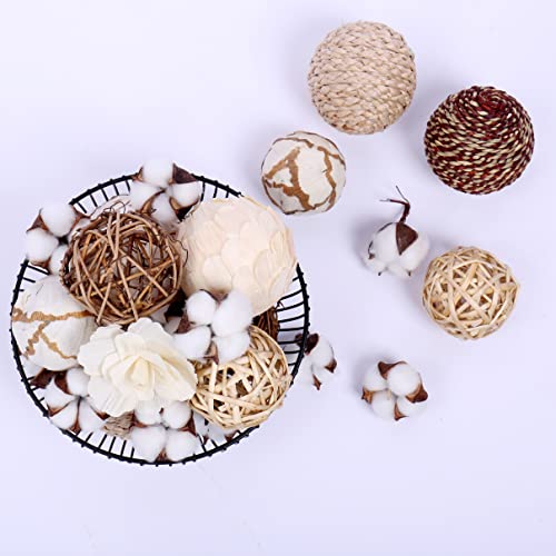 Rattan Ball, Bag of Assorted Decorative Spherical Natural Wicker Rattan and Cotton Bowl and Vase Filler, Balls Spheres Orbs Filler – Brown and White (Brown2)
