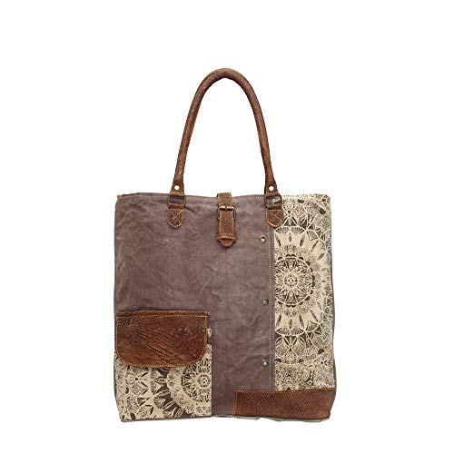 Myra Bags Floral Side Upcycled Canvas Tote Bag S-0733, Tan, Khaki, Brown, One_Size