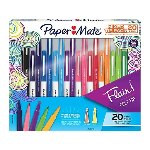 Paper Mate Flair Felt Pens, Bold/Medium Point, Assorted Color Inks, 20/Pack (2158649)