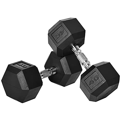 Soozier Hex Rubber Free Weight Dumbbells Set in Pair with Steel Handles 40lbs/Single Hand Weight for Strength Workout Training, Black