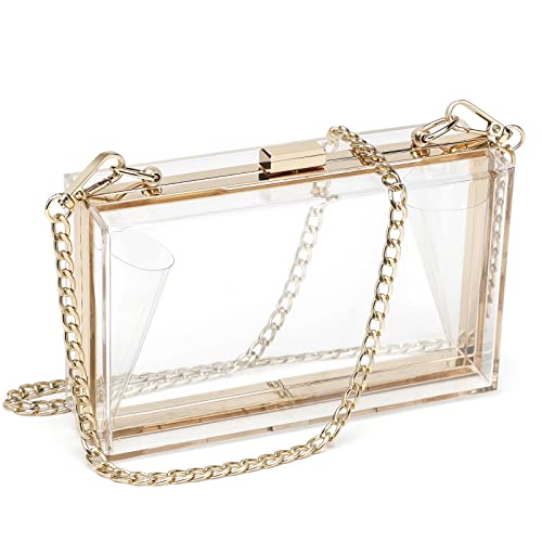 Women Cute Clear Purse Acrylic Box Clutch Handbag, Transparent Crossbody Shoulder Evening Bag Stadium Approved Gold Chain Strap