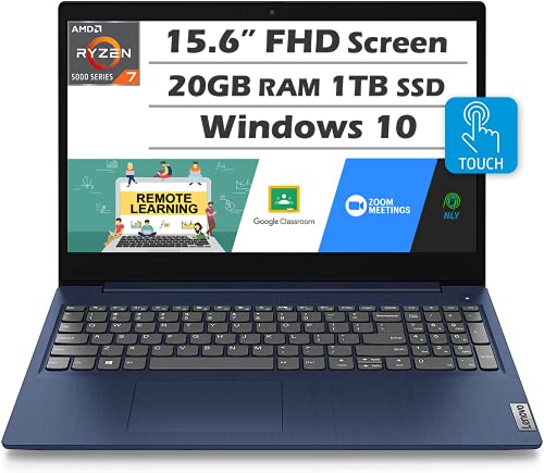 Lenovo IdeaPad 3 Laptop (Latest Model), 15.6” Full HD Touchscreen, AMD Ryzen 7 5700U Processor (Beats i7-10875H), 20GB RAM, 1TB SSD, Backlit KB, Webcam, WiFi, HDMI, Windows 10 Home +Nly MP