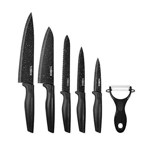 Tower T81522B Essentials Kitchen Knife Set, Stone-Coated with Stainless Steel Blades, Black, 6-Piece