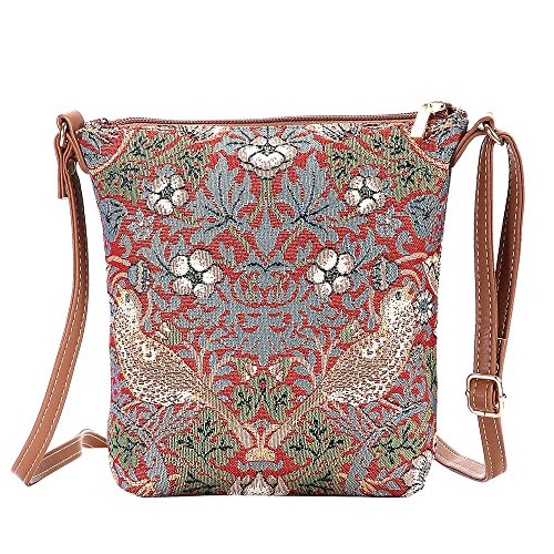 Signare Tapestry Small Crossbody Bag Sling Bag for Women with Flower and Bird William Morris Strawberry Thief Red Design (Sling -STRD)