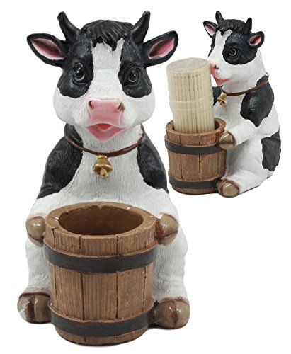 Ebros Country Farm Bovine Cow With Bell Collar Holding A Wooden Barrel Decorative Toothpick Holder Statue With Toothpicks 4″Tall Starter Kit Cattle Animal Figurine Collectible Kitchen Decor