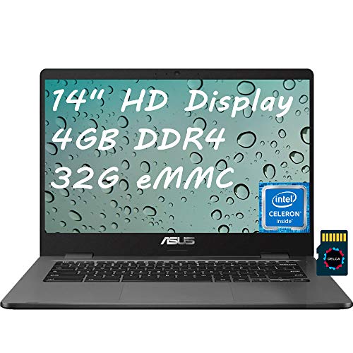 ASUS Chromebook 14 Thin and Light Laptop 14″ HD Screen Intel Celeron N3350 4GB DDR4 32GB eMMC USB-C Webcam Chrome OS (Google Classroom and Zoom Compatible) + Delca 32GB SD Card