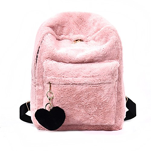 Mellshy Women Soft Faux Fur Plush Backpack Shoulder Bag Fluffy School Bag with Heart Pendant (Pink)
