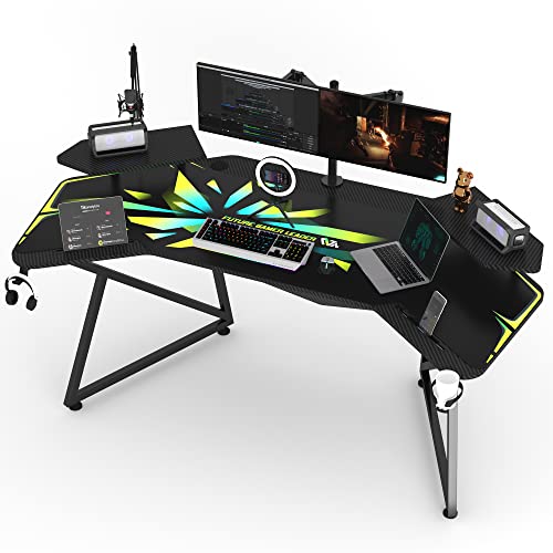 JWX Gaming Desk with Removable Monitor Stand, 72 inches Large Studio Wing-Shaped Gaming Desk with Headphone Stand, Cup Holder for Live Streamer, Social Media Influencer & Music Recording