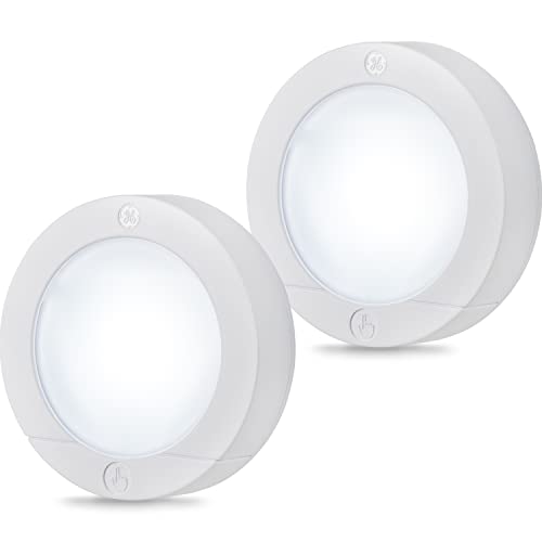 GE Wireless LED Puck Lights, 2 Pack, Battery Operated, 20 Lumens, Touch Light, Tap Light, Stick On Lights, Under Cabinet Lighting, Ideal for Kitchen Cabinets, Closets, Garage and More, 25434