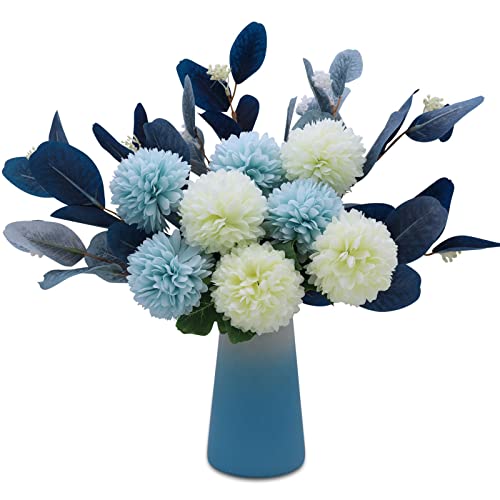 CZ Qiang Artificial Plants Flowers Home Decor – Colorful Fake Plant Flowers Waterproof Table Decor 8 Realistic Hydrangea Silk Flowers with Gradient Colors Ceramic Flower Vase, Blue