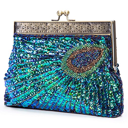 UBORSE Beaded Sequin Peacock Blue Evening Clutch Bags Party Wedding Purse