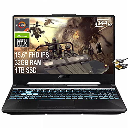 ASUS 2021 Flagship TUF A15 Gaming 15 Laptop 15.6″ FHD IPS 144Hz AMD 6-Core Ryzen 5 5600H (Beats i7-9750H) 32GB RAM 1TB SSD GeForce RTX 3050Ti 4GB RGB Backlit USB-C Win10 Black + HDMI Cable