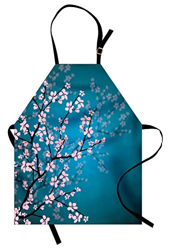 Ambesonne Japanese Apron, Spring Season Sakura Bloom Design Marine Toned Ombre Color Background, Unisex Kitchen Bib with Adjustable Neck for Cooking Gardening, Adult Size, Blue Pink