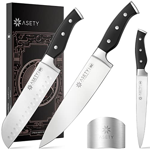ASETY Chef Knife Professional Kitchen Knife Set 3 Piece, Ultra Sharp German Stainless Steel Knife and Finger Guard, Ergonomic Handle Knives Set for Kitchen, Gifts for Women I Men
