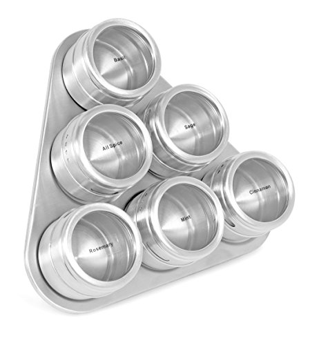 Internet’s Best Triangle Magnetic Spice Rack – 6 Jars – Round Storage Spice Rack Set – Clear Sift and Pour Lid – Stainless Steel