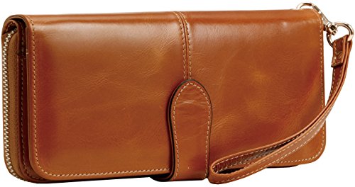 Heshe Genuine Leather Wallet for Women Credit Card Holder Large Capacity Purse Clutch for Ladies with Wristlet (Camel-E)