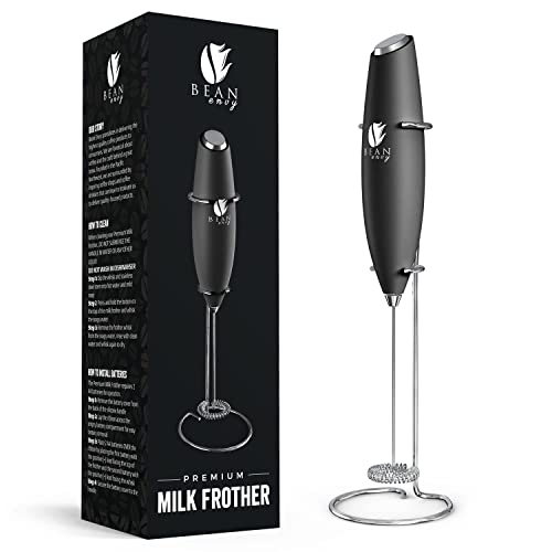Bean Envy Handheld Milk Frother for Coffee – Electric Hand Blender, Mini Drink Mixer Whisk & Coffee Foamer Wand w/Stand for Lattes, Matcha and Hot Chocolate – Kitchen Gifts – Black