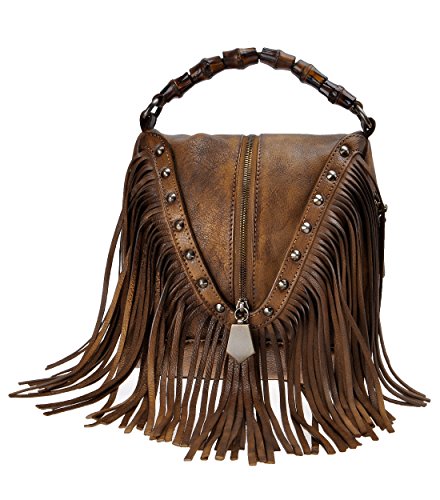 ZLYC Women’s Leather Bamboo Hand Strap Featured Fringe Bohemian Tassel Studed Cross Body Bag (Brown)