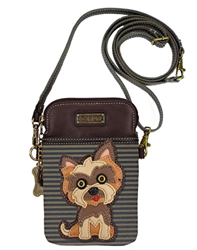 Chala Group Yorkshire Terrier Cellphone Crossbody Handbag – Convertible Strap Yorkie Mom, Brown Stripes, 5″ x 7.5″ x 1″
