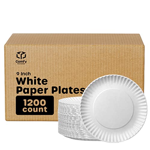 Comfy Package [Bulk Case of 4/300 Count] 1200 Disposable White Uncoated Paper Plates, 9 Inch Large
