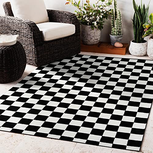 Persian Area Rugs Black 5×7 1909 Checkered White Area Rug Carpet, 5 ft x 7 ft (1909 Black 5×7)
