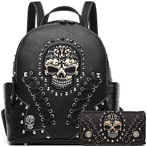 Cowgirl Trendy Sugar Skull Punk Art Rivet Stud Biker Purse Women Fashion Backpack Python Daypack Shoulder Bag Wallet Set (Black Set), Large