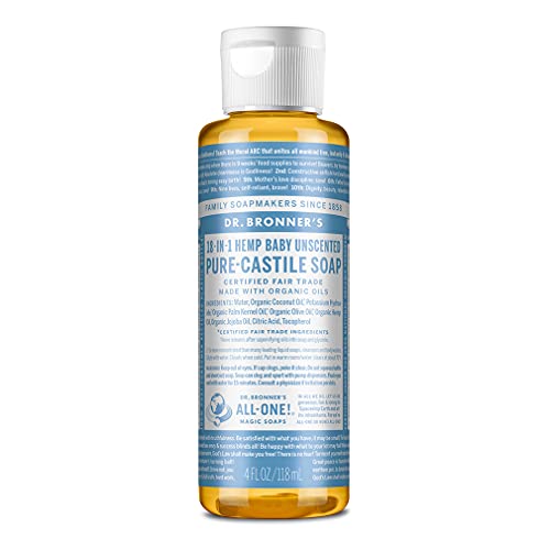 Dr. Bronner’s – Pure-Castile Liquid Soap (Baby Unscented, 4 Ounce) – Made with Organic Oils, 18-in-1 Uses: Face, Hair, Laundry, Dishes, For Sensitive Skin, Babies, No Added Fragrance, Vegan, Non-GMO