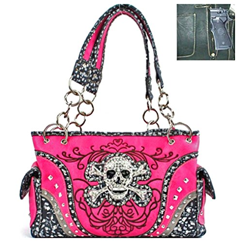 Zzfab Embroidered Concealed Carry Rhinestone Studded Skull Purse Pink