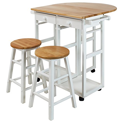 Casual Home Drop Leaf Breakfast Cart with 2 Stools-White
