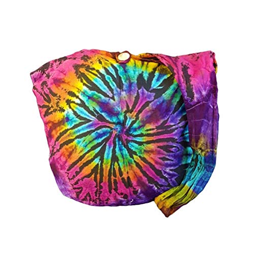 BTP! Tie Dye Sling Crossbody Shoulder Bag Purse Hippie Hobo Cotton Bohemian Colorful Firework, Random Spiral Dark Tone, Large