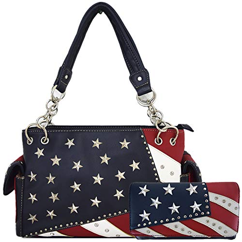 Western Cowgirl American Flag Stars and Stripes Rhinestone Women Leather Handbag Country Purses Wallet Set Red White Blue, Large