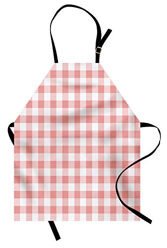Ambesonne Checkered Apron, Picnic in Countryside Themed Gingham Pattern in Soft Colored Print, Unisex Kitchen Bib with Adjustable Neck for Cooking Gardening, Adult Size, Peach White