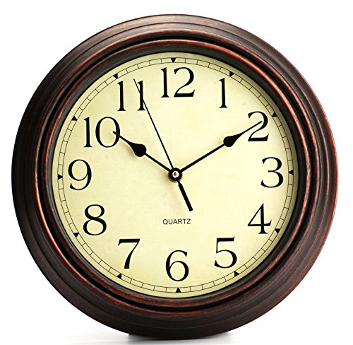 Bekith 12-Inch Round Classic Clock Retro Non Ticking Quartz Decorative Wall Clock for Living Room Kitchen Home Office