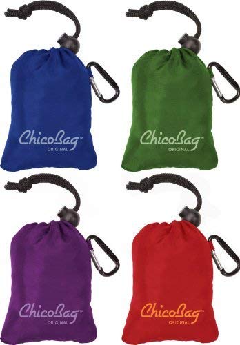 ChicoBag Original Reusable Grocery Bag with Attached Pouch and Carabiner Clip, Variety 4 Pack – Blue, Green, Purple, and Red