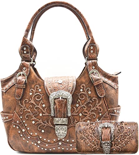 Western Style Concealed Carry Purse Buckle Country Large Tote Handbag Women Shoulder Bag Wallet Set Brown