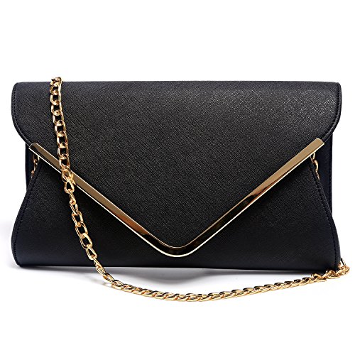GESU Womens Faux Leather Envelope Clutch Bag Evening Handbag Shoulder Bag Wristlet Dress Purse,Large,Black.