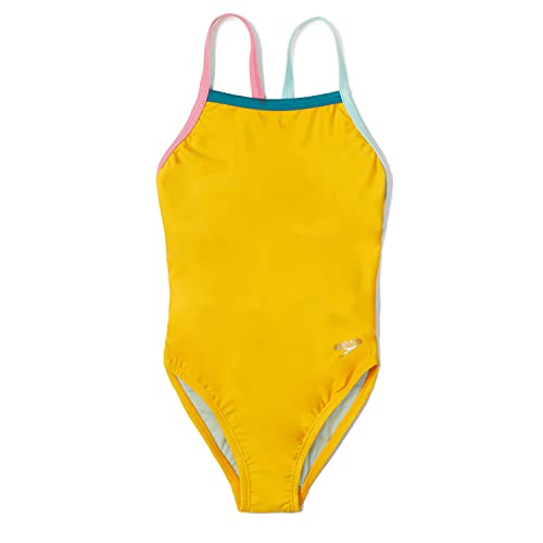 Speedo Girls’ Standard Swimsuit One Piece Thin Straps, Radiant Yellow, 8 Big Kid