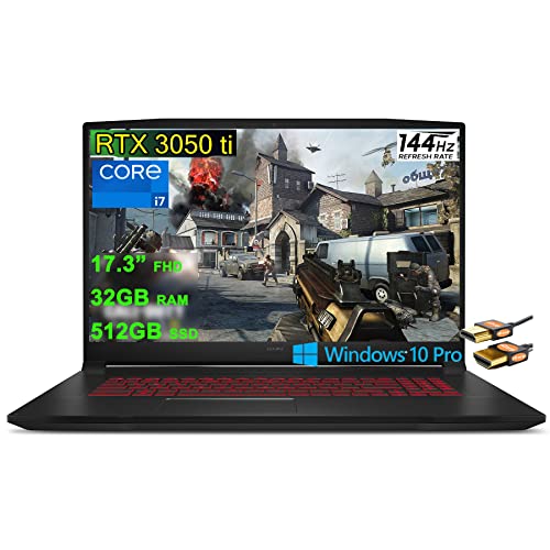 MSI Katana GF76 17 Gaming Laptop 17.3” FHD IPS 144Hz Thin Bezel Display 11th Gen Intel 8-Core i7-11800H 32GB RAM 512GB SSD GeForce RTX 3050 Ti 4GB Backlit USB-C Nahimic Win10Pro Black + HDMI Cable