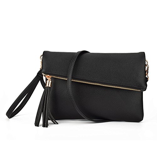Jiaruo Small Girls Tassel Fold Cover Sling Leather Women Crossbody Bag Handbag Purse (black)