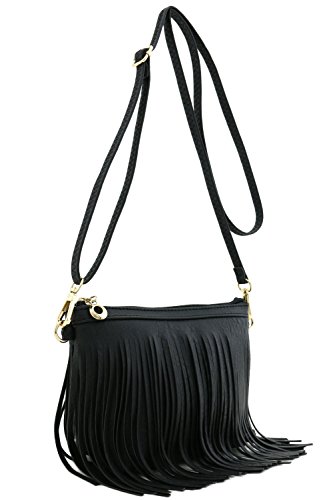 FashionPuzzle Small Fringe Crossbody Bag with Wrist Strap (Black)