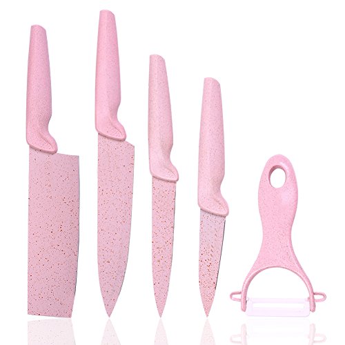 Bonaweite Pink Knife Set, Pink Knife Set With Block, Pink Kitchen Knife Set, Pink Kitchenware Knives, Chef Pink Cooking Knife Set, Wheat Straw Stainless Steel Pink Knives Kitchen Ware